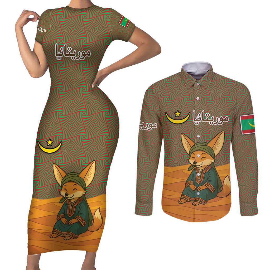 Mauritania Couples Matching Short Sleeve Bodycon Dress and Long Sleeve Button Shirt with Cute Fennec Fox and Arabic Calligraphy Desert Design
