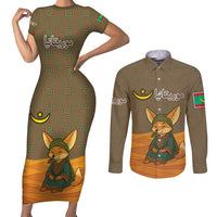 Mauritania Couples Matching Short Sleeve Bodycon Dress and Long Sleeve Button Shirt with Cute Fennec Fox and Arabic Calligraphy Desert Design
