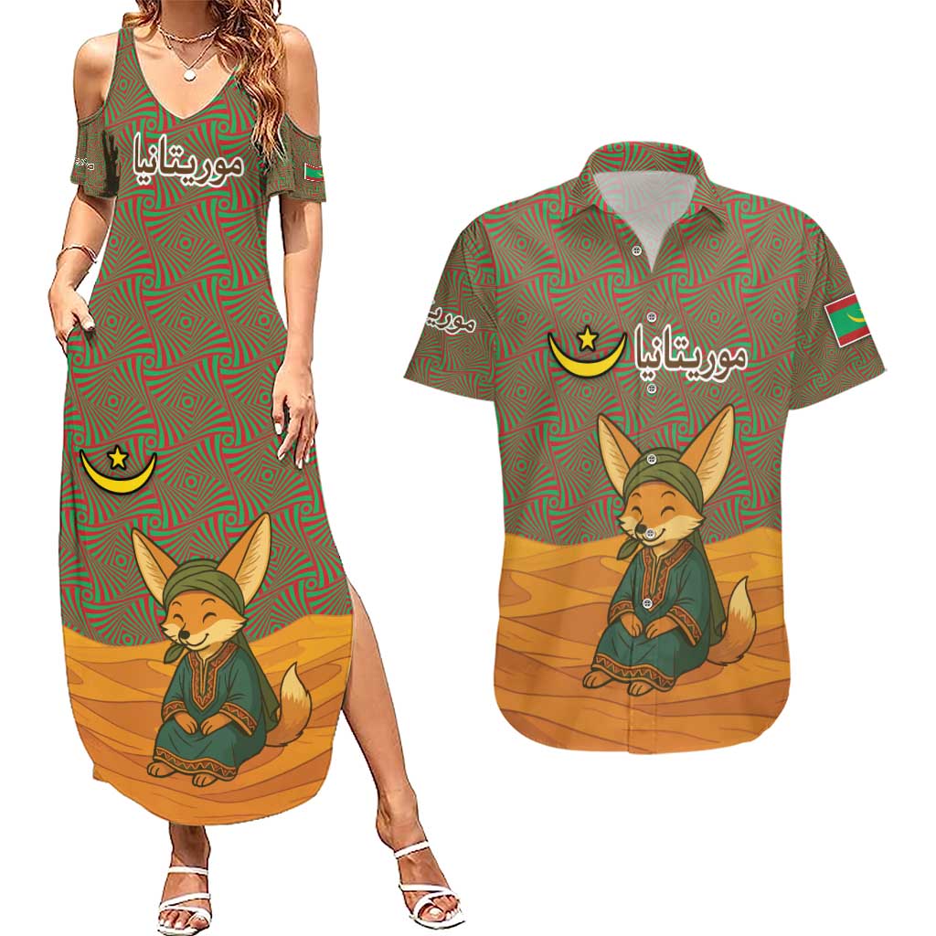 Mauritania Couples Matching Summer Maxi Dress and Hawaiian Shirt with Cute Fennec Fox and Arabic Calligraphy Desert Design