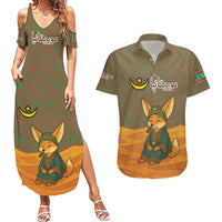 Mauritania Couples Matching Summer Maxi Dress and Hawaiian Shirt with Cute Fennec Fox and Arabic Calligraphy Desert Design