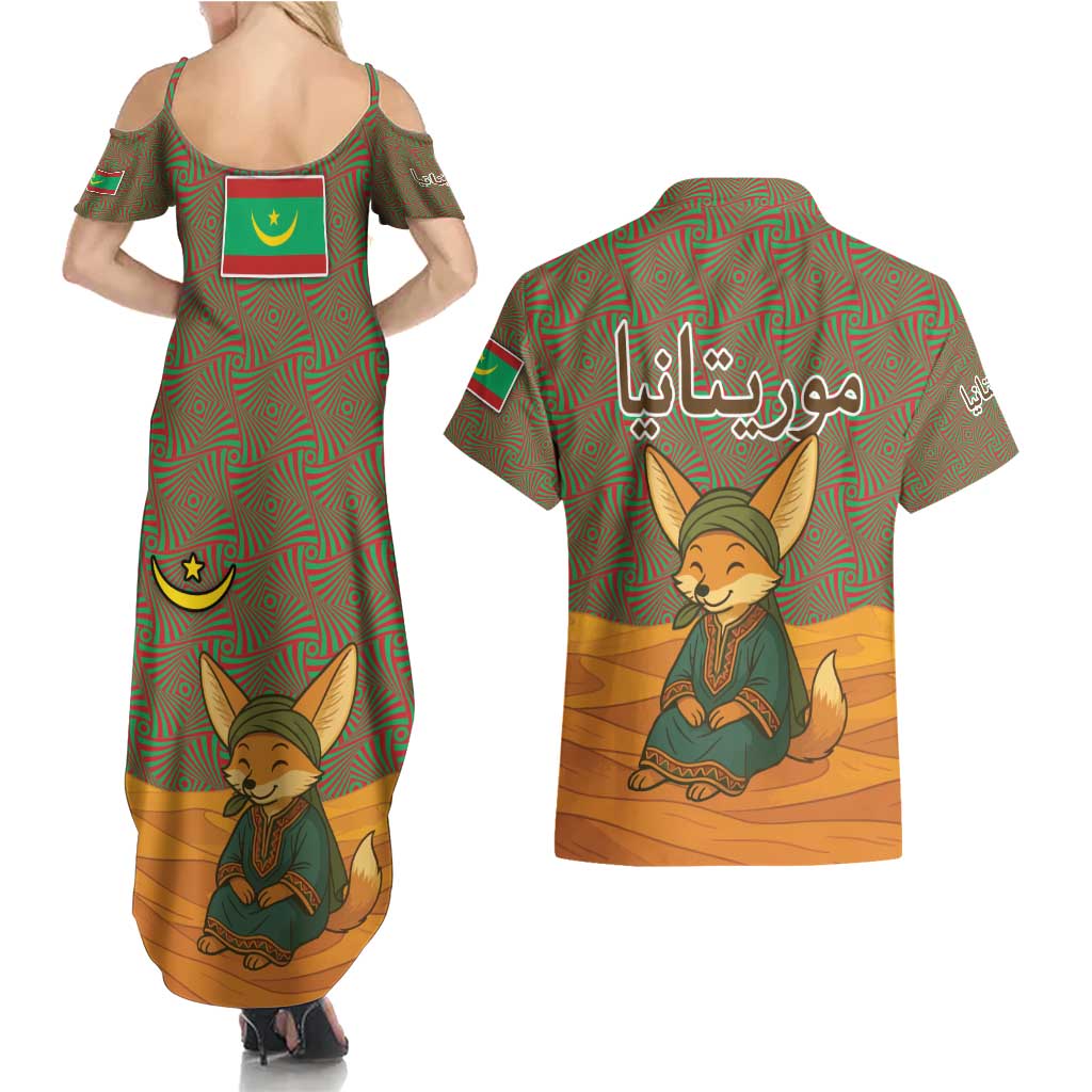 Mauritania Couples Matching Summer Maxi Dress and Hawaiian Shirt with Cute Fennec Fox and Arabic Calligraphy Desert Design