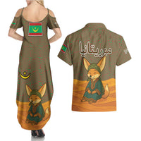 Mauritania Couples Matching Summer Maxi Dress and Hawaiian Shirt with Cute Fennec Fox and Arabic Calligraphy Desert Design