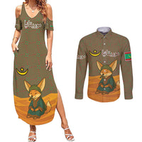 Mauritania Couples Matching Summer Maxi Dress and Long Sleeve Button Shirt with Cute Fennec Fox and Arabic Calligraphy Desert Design