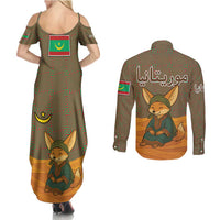 Mauritania Couples Matching Summer Maxi Dress and Long Sleeve Button Shirt with Cute Fennec Fox and Arabic Calligraphy Desert Design