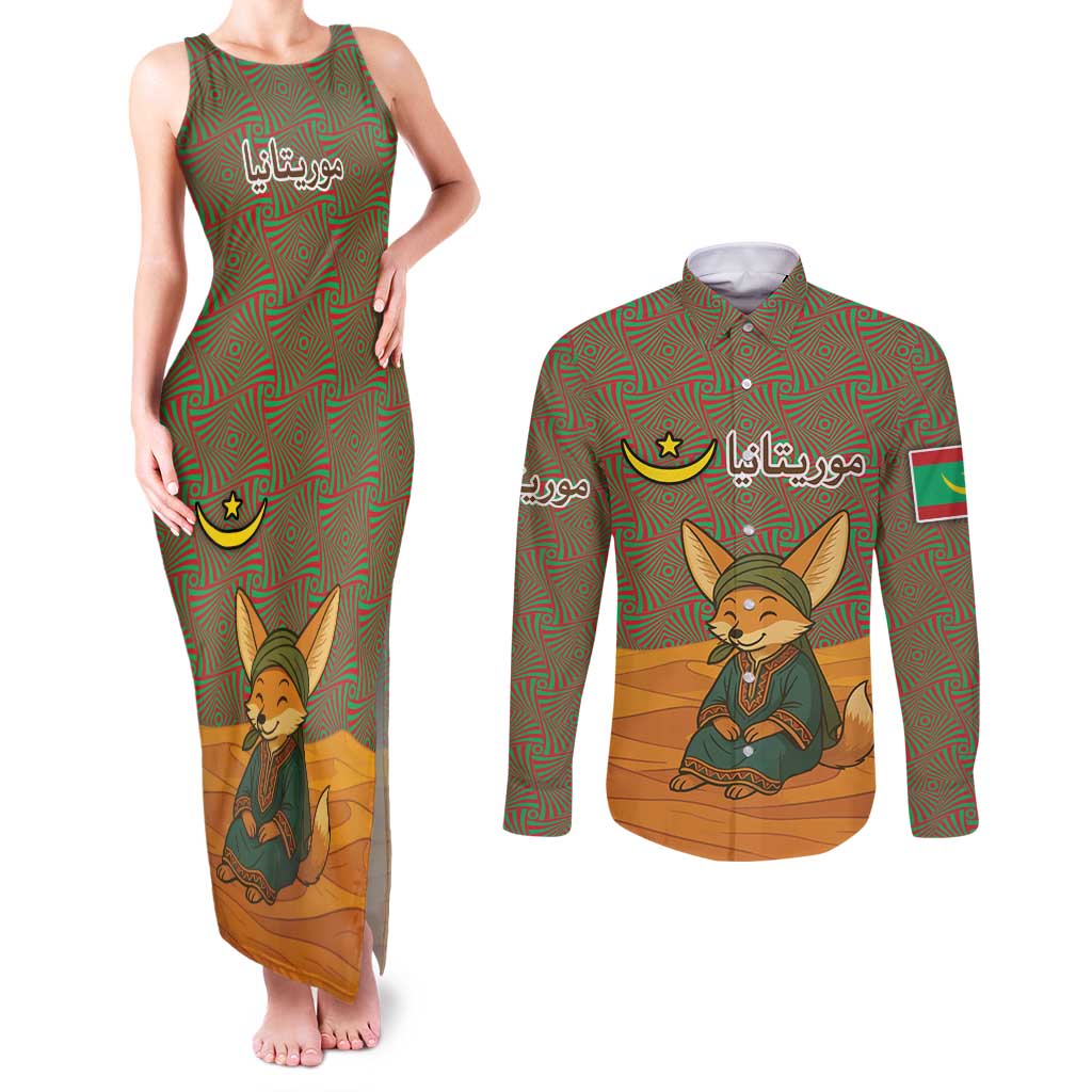 Mauritania Couples Matching Tank Maxi Dress and Long Sleeve Button Shirt with Cute Fennec Fox and Arabic Calligraphy Desert Design