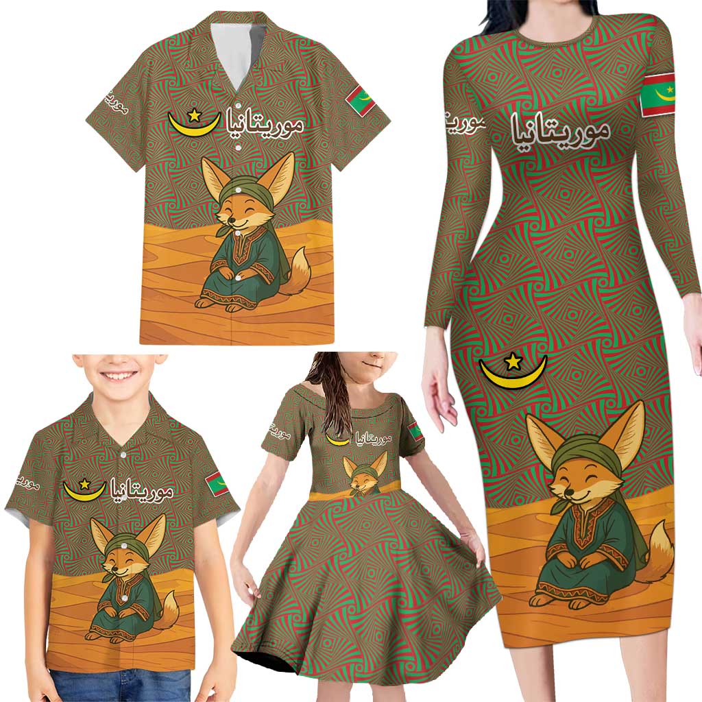 Mauritania Family Matching Long Sleeve Bodycon Dress and Hawaiian Shirt with Cute Fennec Fox and Arabic Calligraphy Desert Design