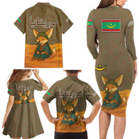 Mauritania Family Matching Long Sleeve Bodycon Dress and Hawaiian Shirt with Cute Fennec Fox and Arabic Calligraphy Desert Design