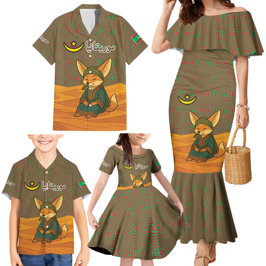 Mauritania Family Matching Mermaid Dress and Hawaiian Shirt with Cute Fennec Fox and Arabic Calligraphy Desert Design