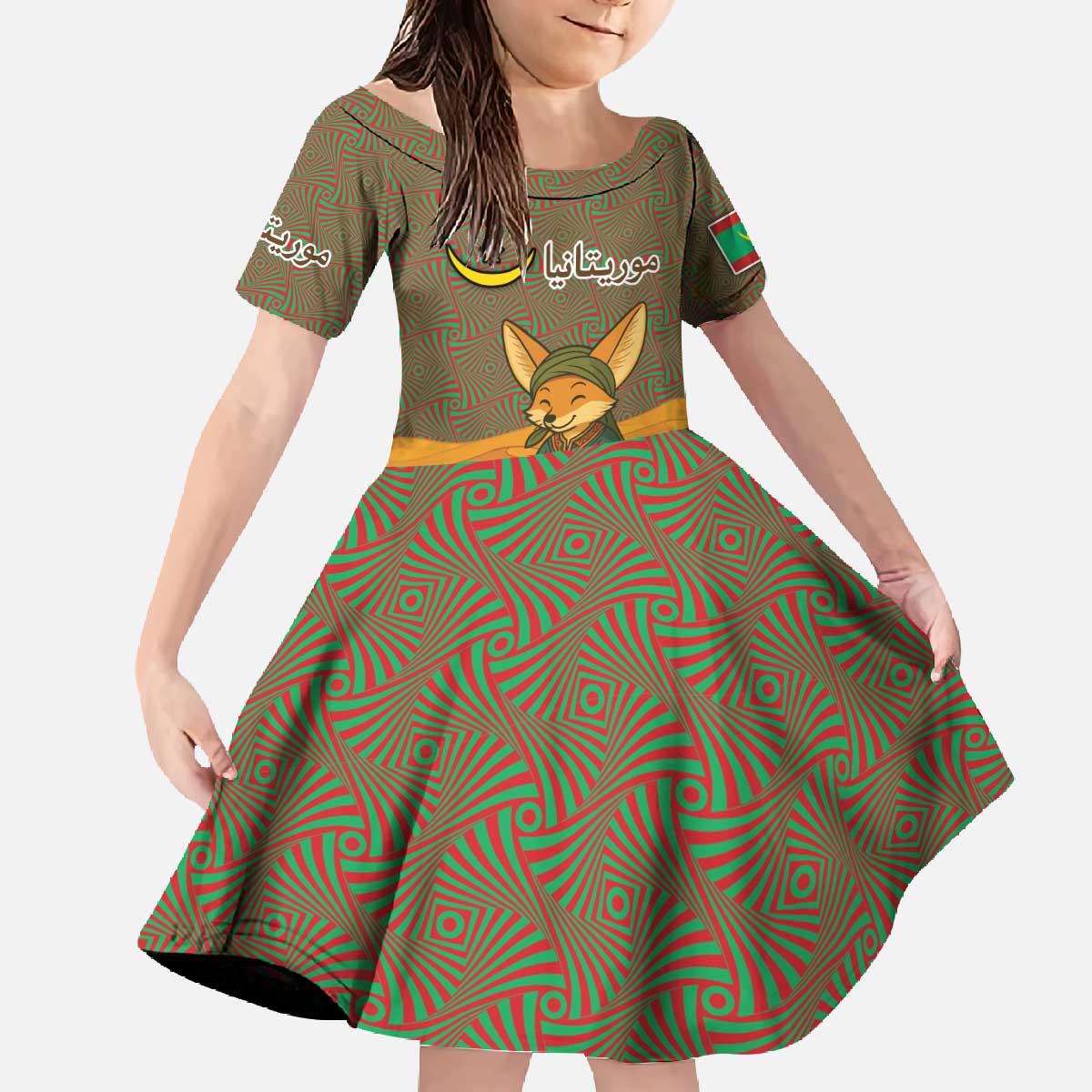 Mauritania Family Matching Off The Shoulder Long Sleeve Dress and Hawaiian Shirt with Cute Fennec Fox and Arabic Calligraphy Desert Design