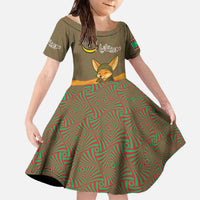 Mauritania Family Matching Off The Shoulder Long Sleeve Dress and Hawaiian Shirt with Cute Fennec Fox and Arabic Calligraphy Desert Design