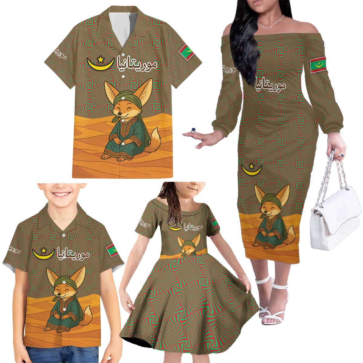 Mauritania Family Matching Off The Shoulder Long Sleeve Dress and Hawaiian Shirt with Cute Fennec Fox and Arabic Calligraphy Desert Design
