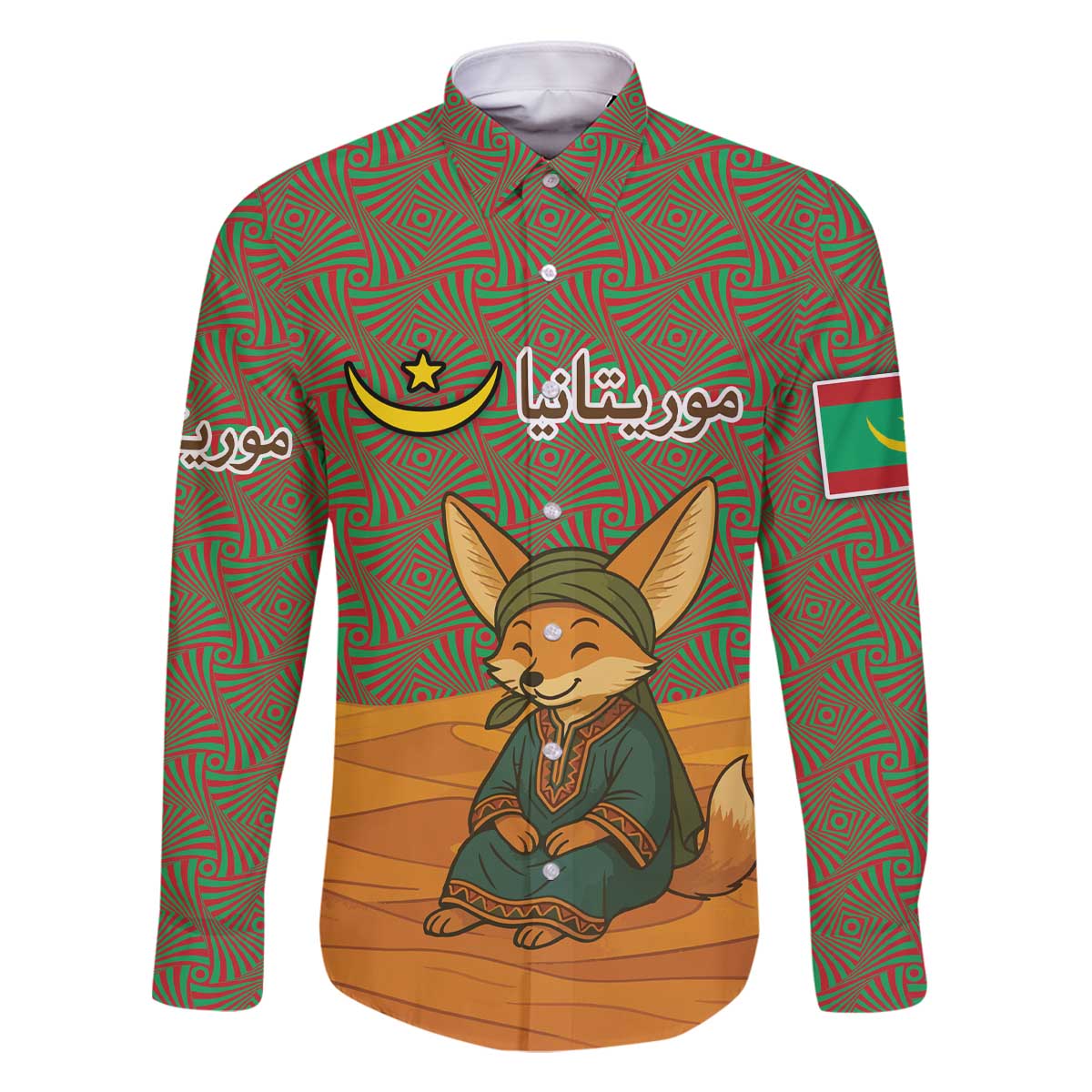 Mauritania Family Matching Off The Shoulder Long Sleeve Dress and Hawaiian Shirt with Cute Fennec Fox and Arabic Calligraphy Desert Design