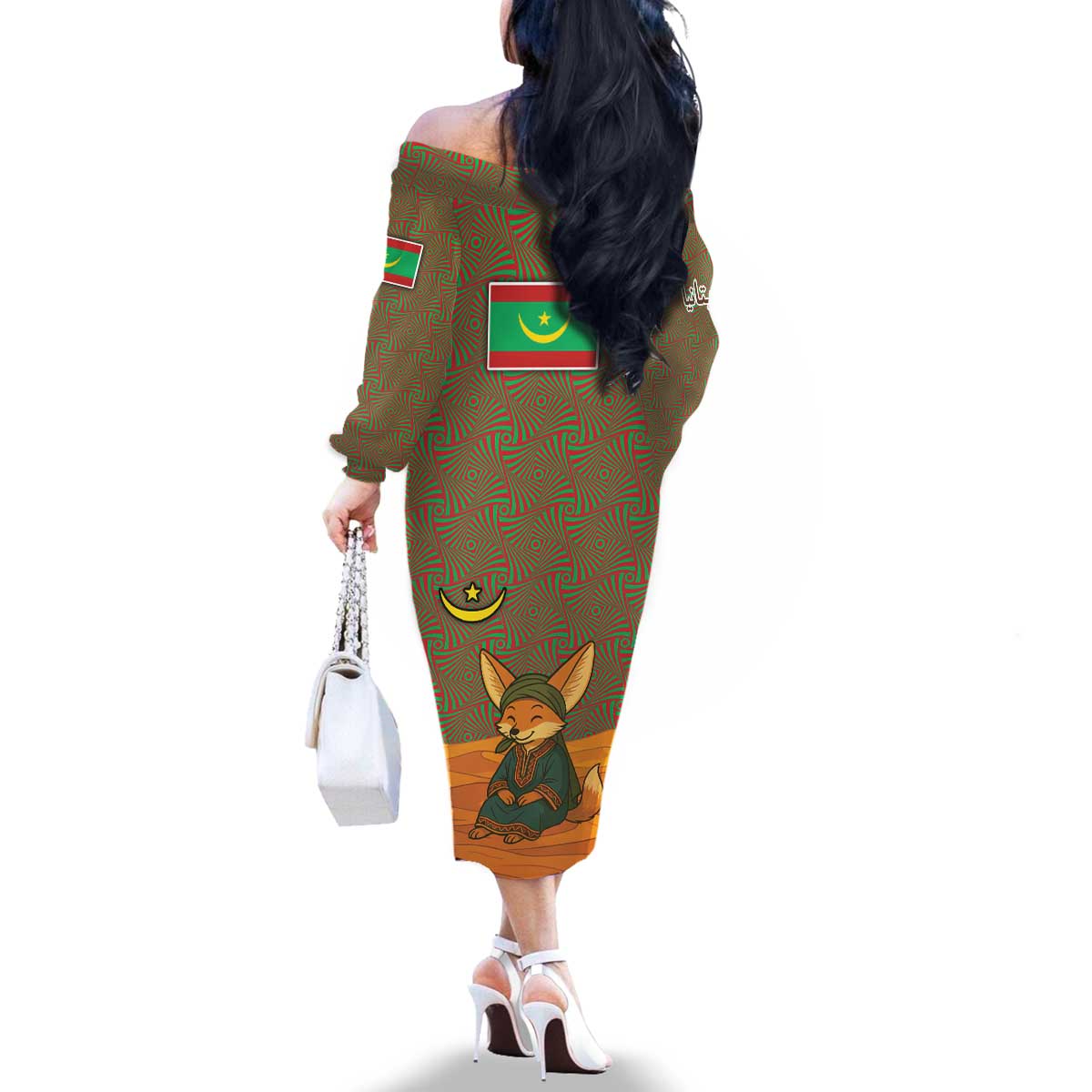 Mauritania Family Matching Off The Shoulder Long Sleeve Dress and Hawaiian Shirt with Cute Fennec Fox and Arabic Calligraphy Desert Design