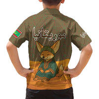 Mauritania Family Matching Off Shoulder Maxi Dress and Hawaiian Shirt with Cute Fennec Fox and Arabic Calligraphy Desert Design