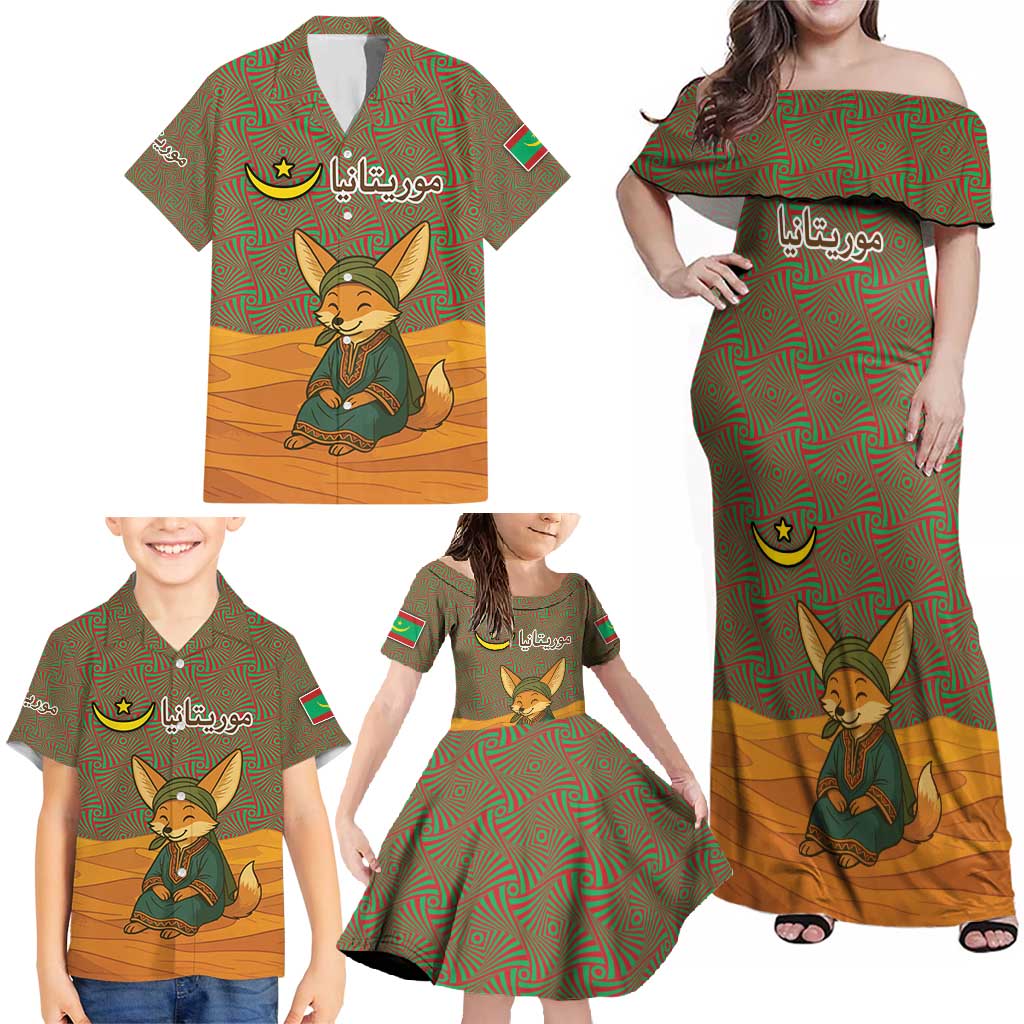 Mauritania Family Matching Off Shoulder Maxi Dress and Hawaiian Shirt with Cute Fennec Fox and Arabic Calligraphy Desert Design