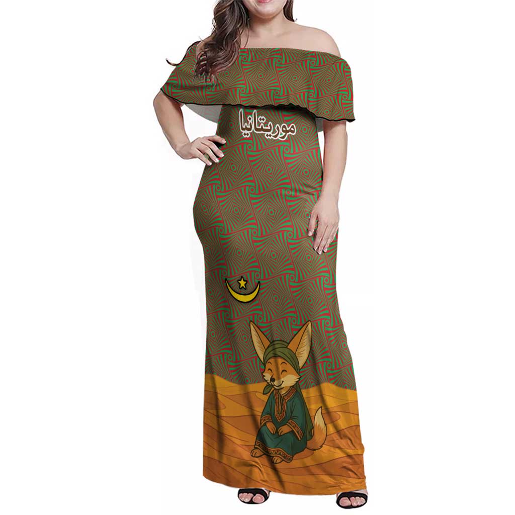 Mauritania Family Matching Off Shoulder Maxi Dress and Hawaiian Shirt with Cute Fennec Fox and Arabic Calligraphy Desert Design