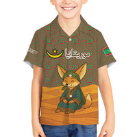 Mauritania Family Matching Off Shoulder Maxi Dress and Hawaiian Shirt with Cute Fennec Fox and Arabic Calligraphy Desert Design