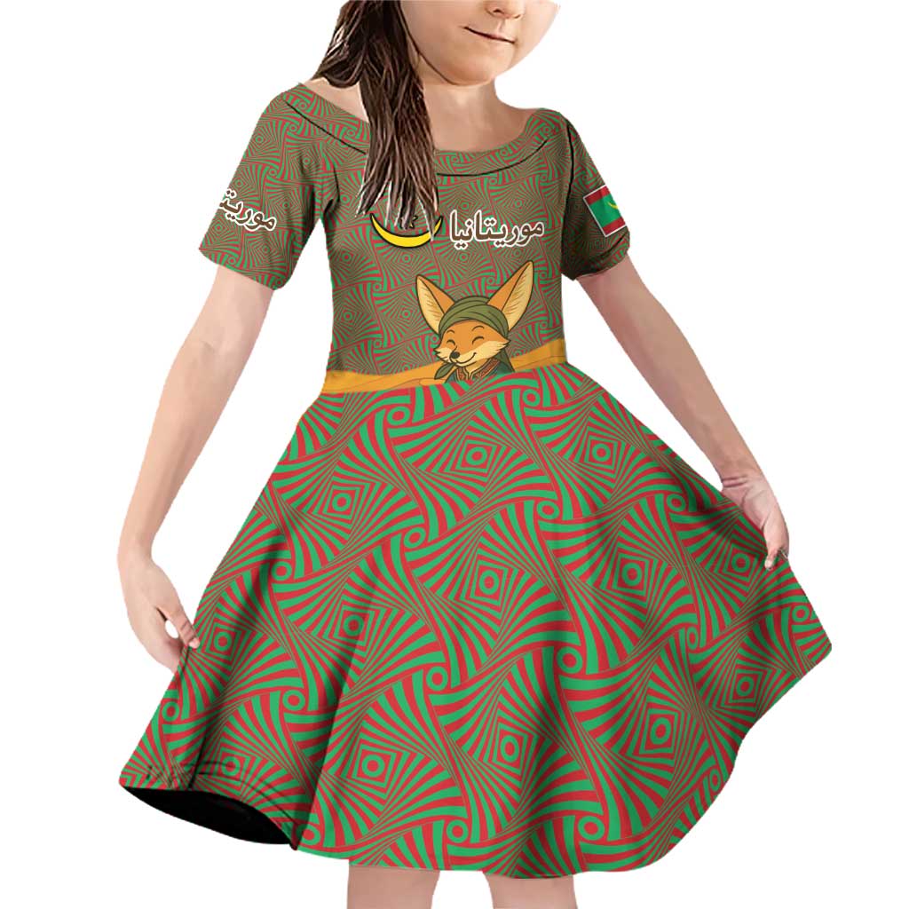 Mauritania Family Matching Off Shoulder Short Dress and Hawaiian Shirt with Cute Fennec Fox and Arabic Calligraphy Desert Design