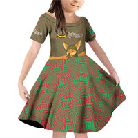 Mauritania Family Matching Off Shoulder Short Dress and Hawaiian Shirt with Cute Fennec Fox and Arabic Calligraphy Desert Design