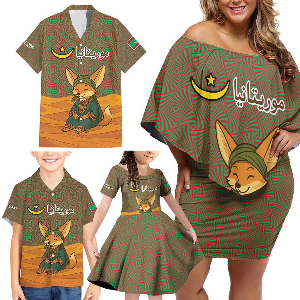 Mauritania Family Matching Off Shoulder Short Dress and Hawaiian Shirt with Cute Fennec Fox and Arabic Calligraphy Desert Design