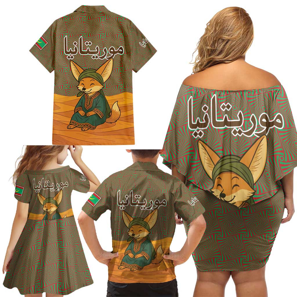 Mauritania Family Matching Off Shoulder Short Dress and Hawaiian Shirt with Cute Fennec Fox and Arabic Calligraphy Desert Design
