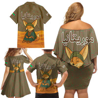 Mauritania Family Matching Off Shoulder Short Dress and Hawaiian Shirt with Cute Fennec Fox and Arabic Calligraphy Desert Design