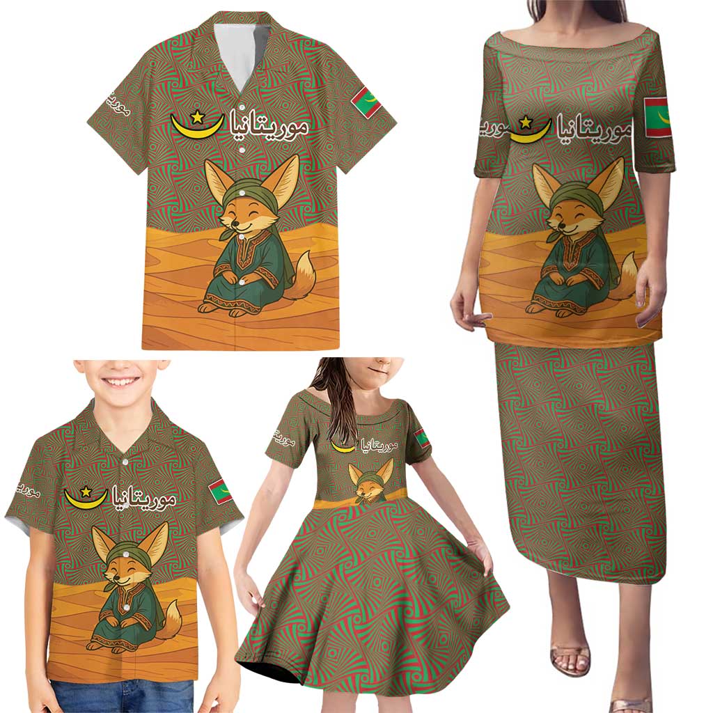 Mauritania Family Matching Puletasi and Hawaiian Shirt with Cute Fennec Fox and Arabic Calligraphy Desert Design
