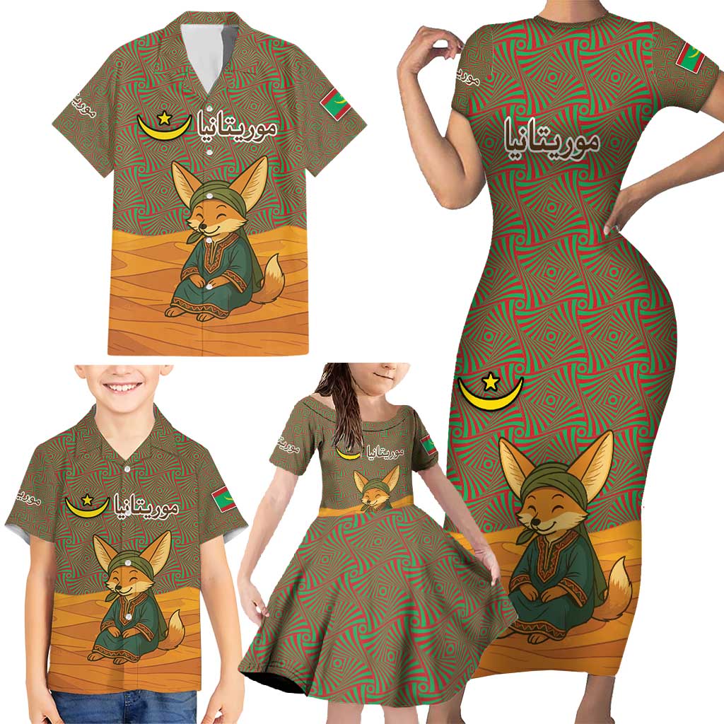 Mauritania Family Matching Short Sleeve Bodycon Dress and Hawaiian Shirt with Cute Fennec Fox and Arabic Calligraphy Desert Design