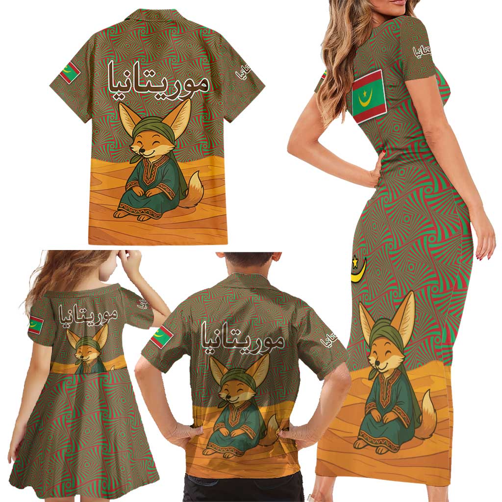 Mauritania Family Matching Short Sleeve Bodycon Dress and Hawaiian Shirt with Cute Fennec Fox and Arabic Calligraphy Desert Design