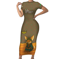 Mauritania Family Matching Short Sleeve Bodycon Dress and Hawaiian Shirt with Cute Fennec Fox and Arabic Calligraphy Desert Design