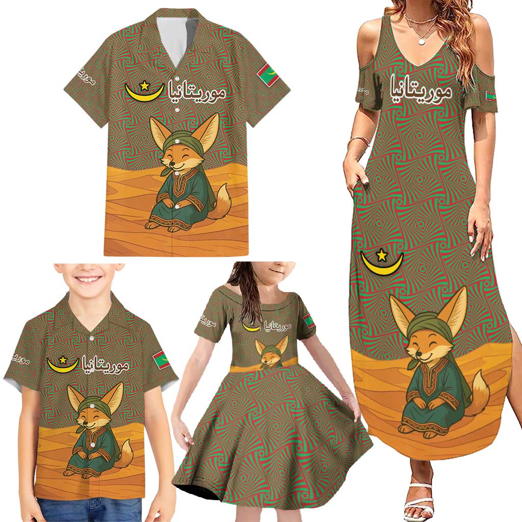 Mauritania Family Matching Summer Maxi Dress and Hawaiian Shirt with Cute Fennec Fox and Arabic Calligraphy Desert Design