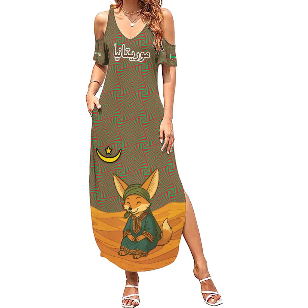 Mauritania Family Matching Summer Maxi Dress and Hawaiian Shirt with Cute Fennec Fox and Arabic Calligraphy Desert Design