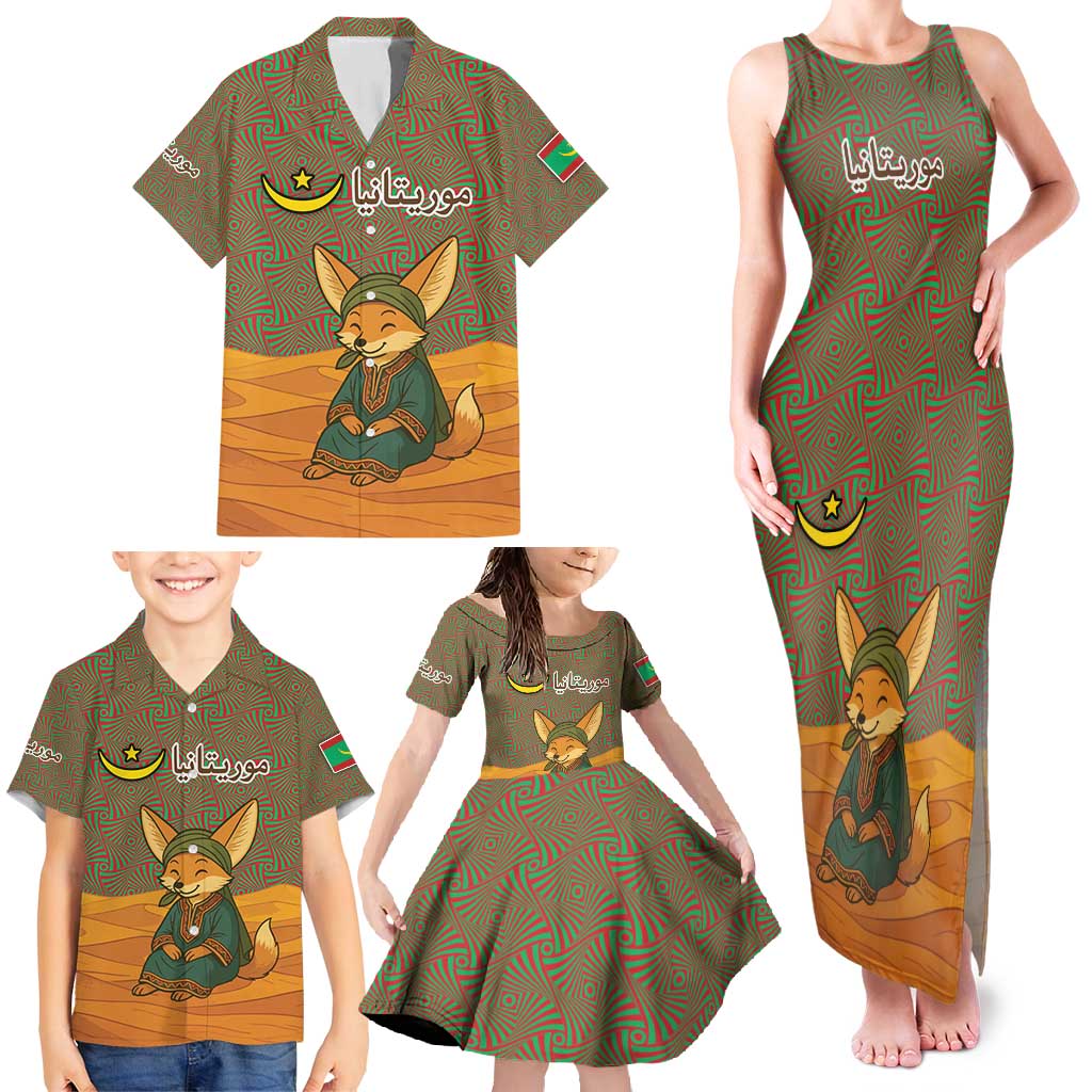 Mauritania Family Matching Tank Maxi Dress and Hawaiian Shirt with Cute Fennec Fox and Arabic Calligraphy Desert Design