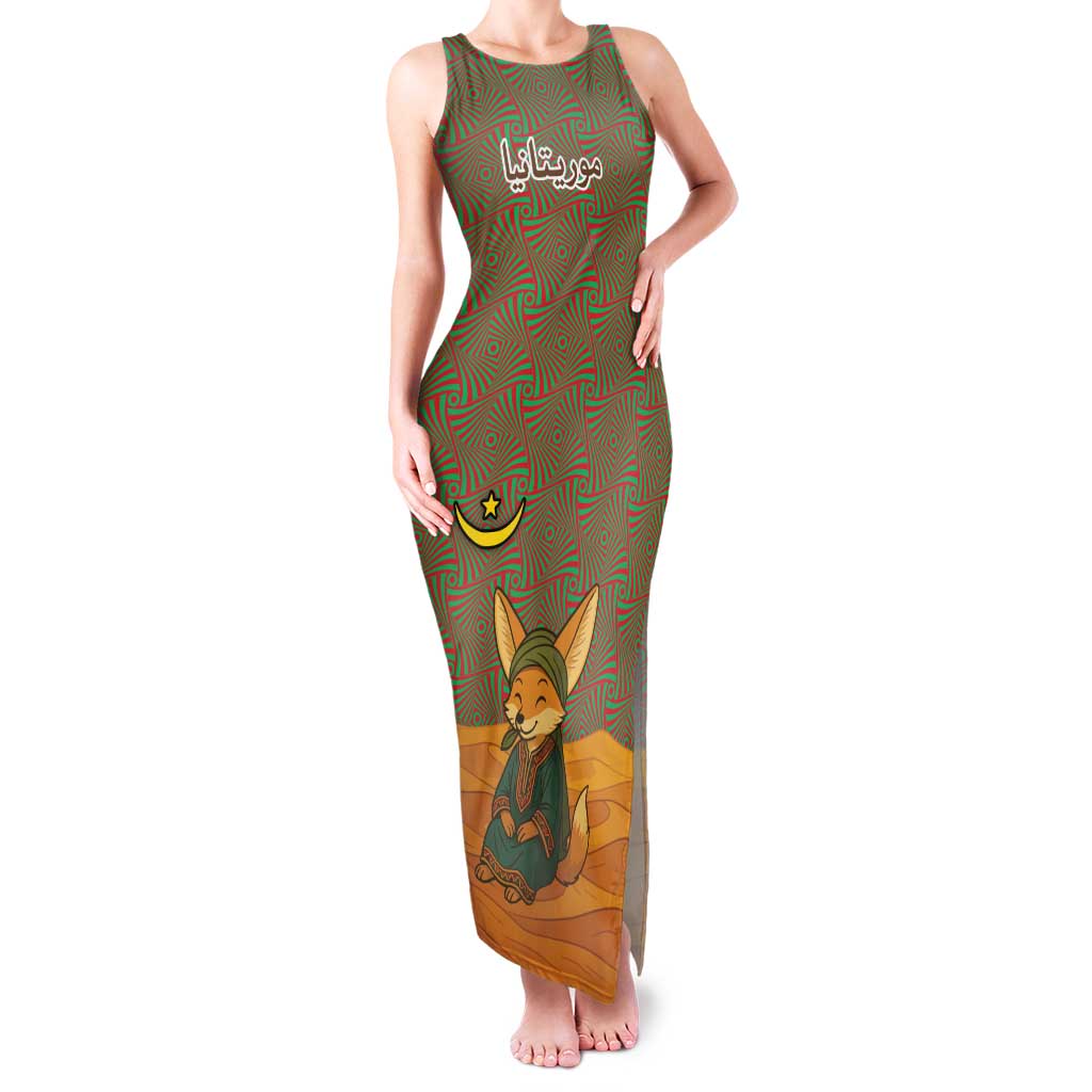 Mauritania Family Matching Tank Maxi Dress and Hawaiian Shirt with Cute Fennec Fox and Arabic Calligraphy Desert Design