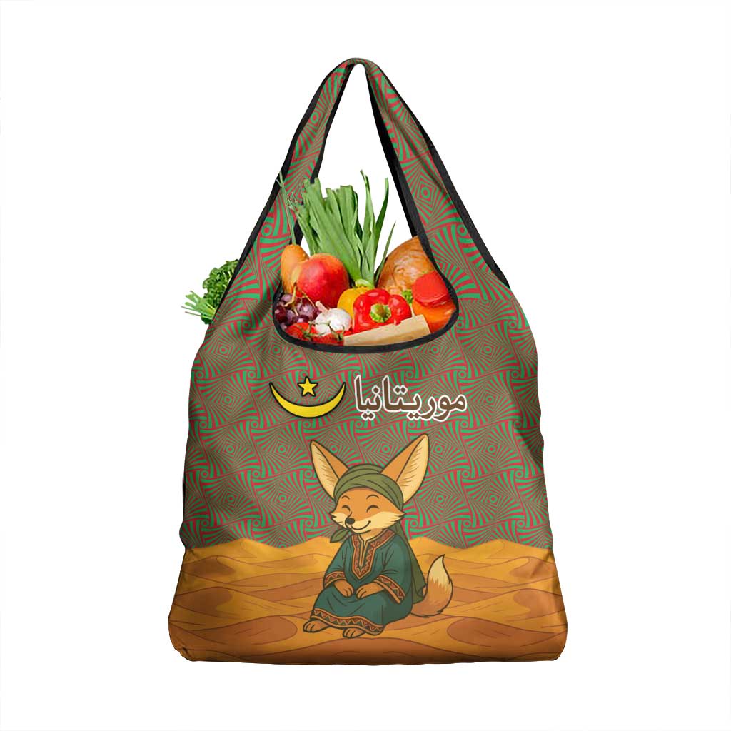 Mauritania Grocery Bag with Cute Fennec Fox and Arabic Calligraphy Desert Design