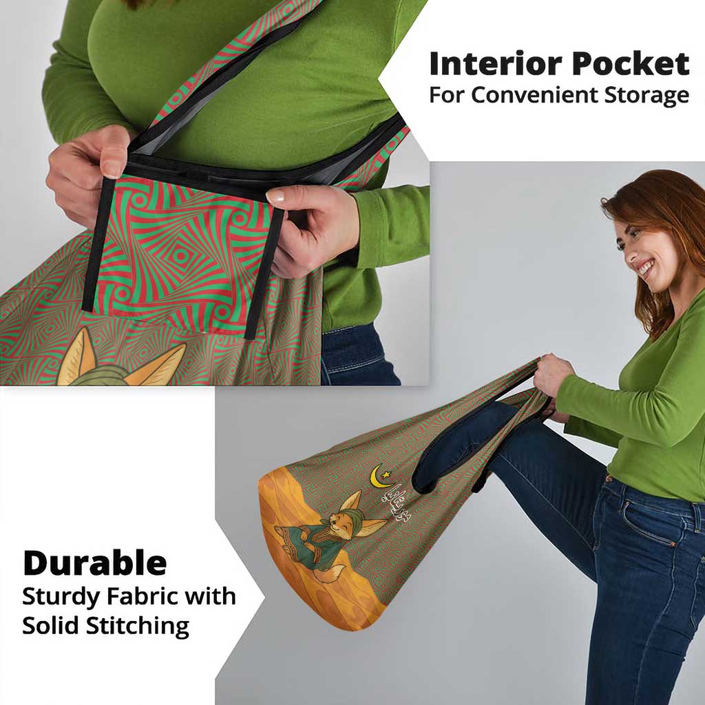 Mauritania Grocery Bag with Cute Fennec Fox and Arabic Calligraphy Desert Design