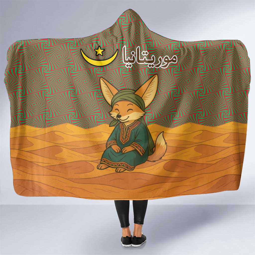 Mauritania Hooded Blanket with Cute Fennec Fox and Arabic Calligraphy Desert Design