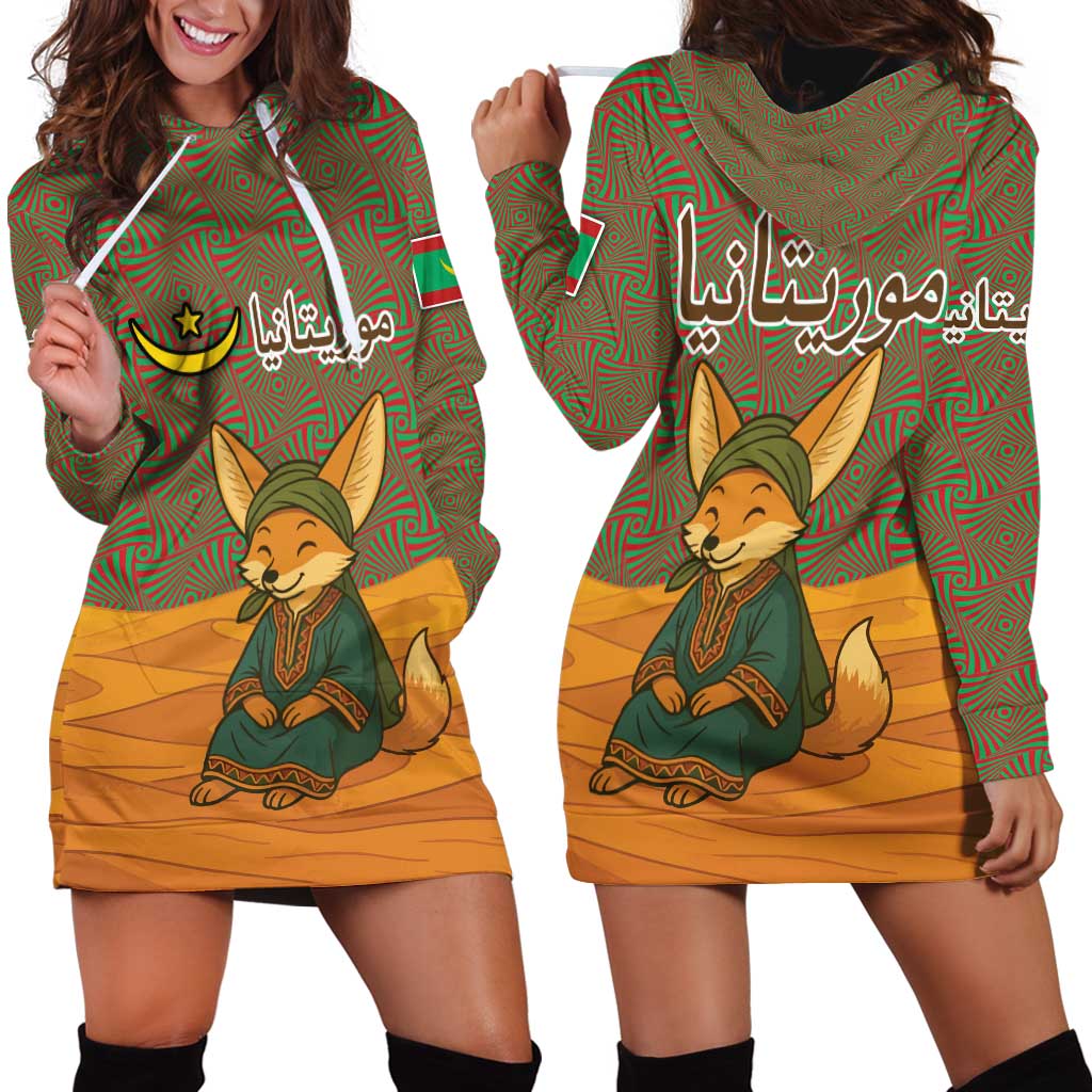 Mauritania Hoodie Dress with Cute Fennec Fox and Arabic Calligraphy Desert Design