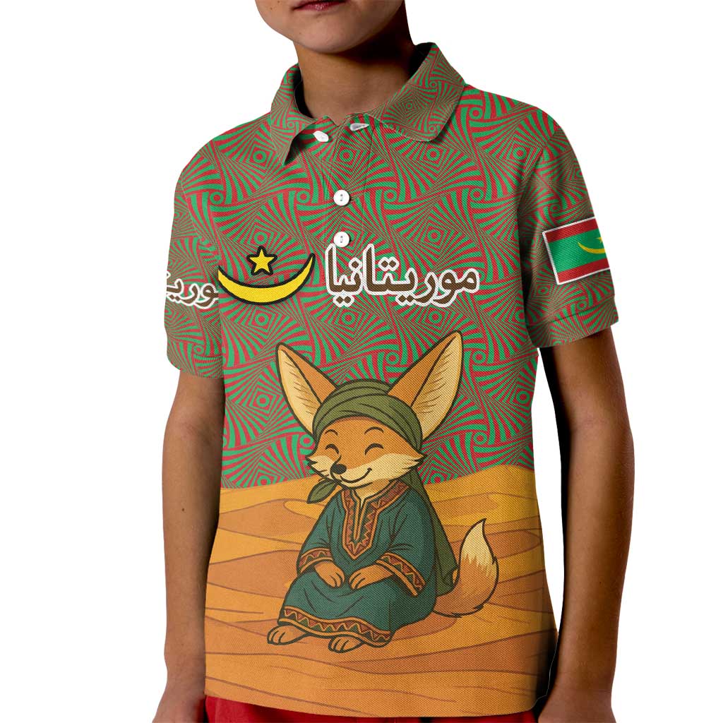 Mauritania Kid Polo Shirt with Cute Fennec Fox and Arabic Calligraphy Desert Design