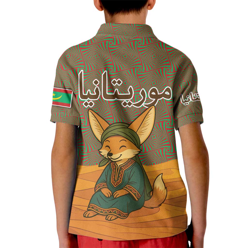 Mauritania Kid Polo Shirt with Cute Fennec Fox and Arabic Calligraphy Desert Design
