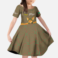 Mauritania Kid Short Sleeve Dress with Cute Fennec Fox and Arabic Calligraphy Desert Design