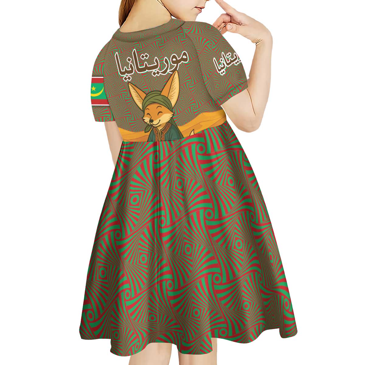 Mauritania Kid Short Sleeve Dress with Cute Fennec Fox and Arabic Calligraphy Desert Design
