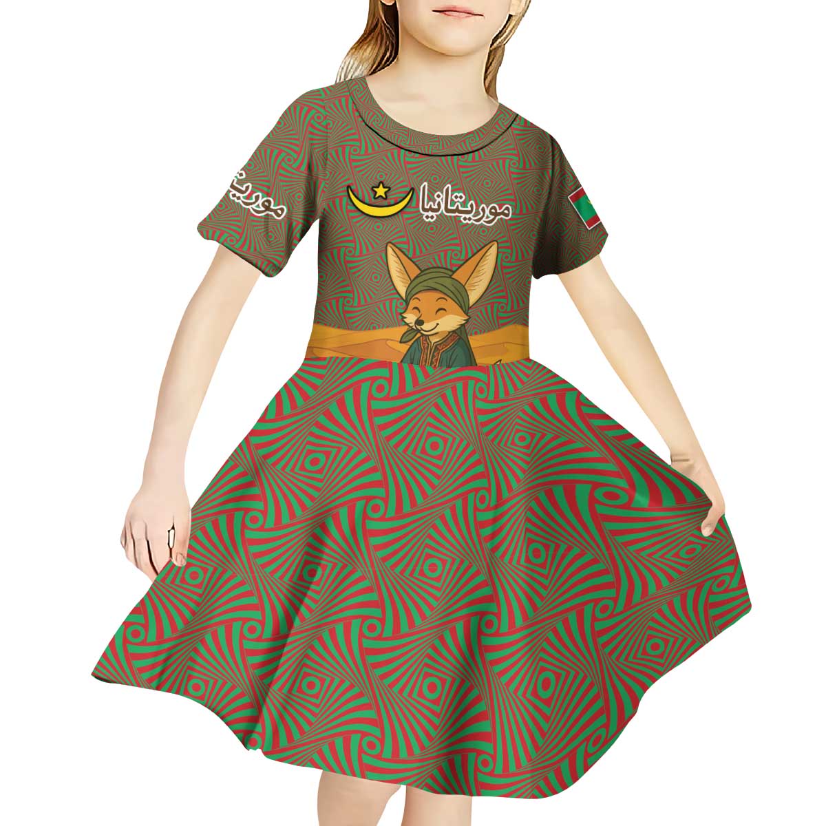Mauritania Kid Short Sleeve Dress with Cute Fennec Fox and Arabic Calligraphy Desert Design
