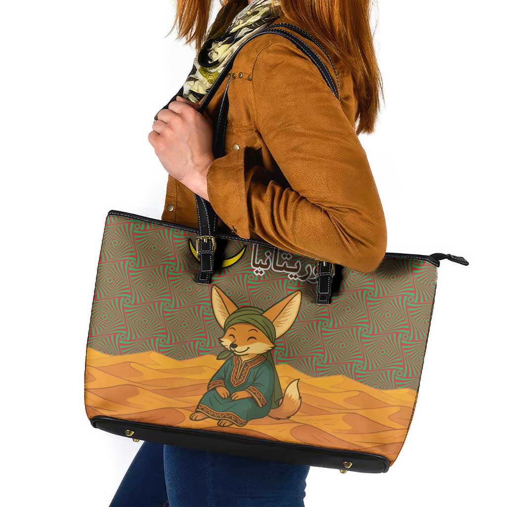 Mauritania Leather Tote Bag with Cute Fennec Fox and Arabic Calligraphy Desert Design