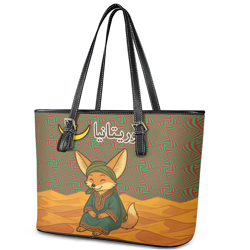 Mauritania Leather Tote Bag with Cute Fennec Fox and Arabic Calligraphy Desert Design
