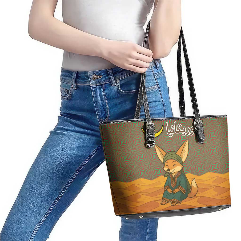 Mauritania Leather Tote Bag with Cute Fennec Fox and Arabic Calligraphy Desert Design