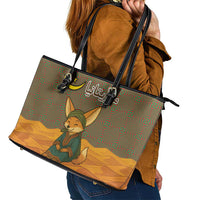 Mauritania Leather Tote Bag with Cute Fennec Fox and Arabic Calligraphy Desert Design