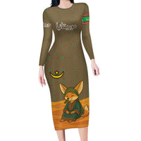 Mauritania Long Sleeve Bodycon Dress with Cute Fennec Fox and Arabic Calligraphy Desert Design