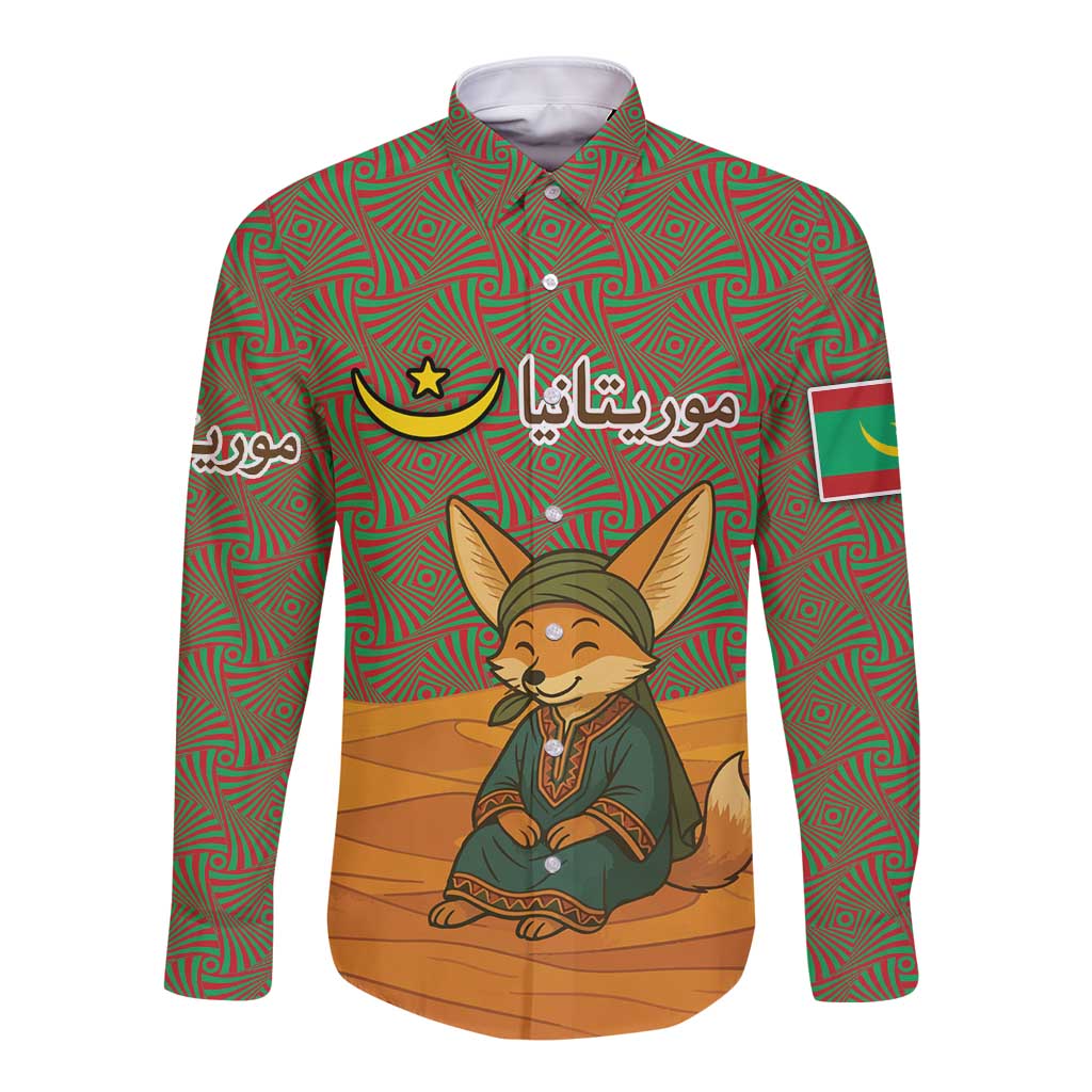 Mauritania Long Sleeve Button Shirt with Cute Fennec Fox and Arabic Calligraphy Desert Design
