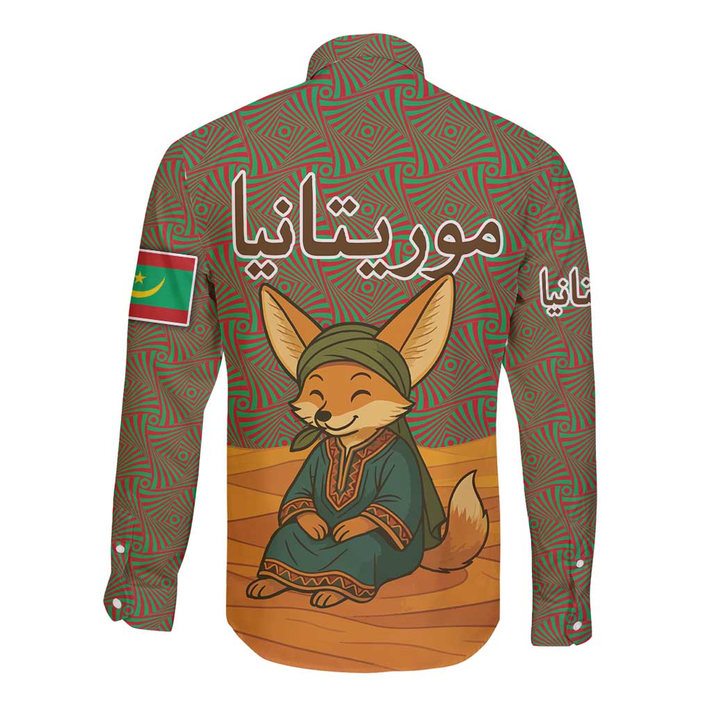 Mauritania Long Sleeve Button Shirt with Cute Fennec Fox and Arabic Calligraphy Desert Design